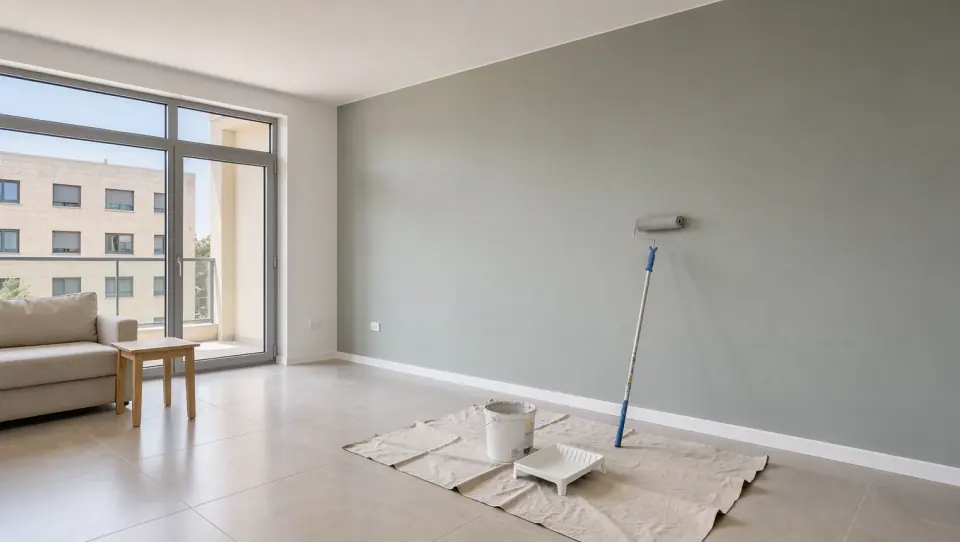 הדמיה: פינת סלון עם תקרה לבנה וקיר בגוון ירוק־אפור צבועים טרי